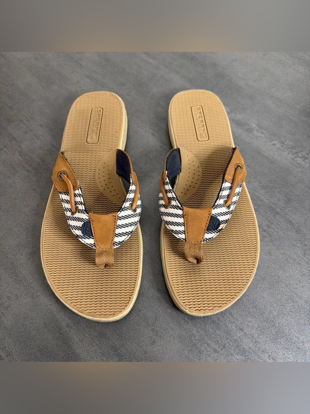 Sperry Top-Sider Navy White Striped Nautical Boat Shoe Flip Flops Sandal 8.5
